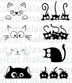 black and white cat silhouettes with different eyes, nose and tail designs on a white background