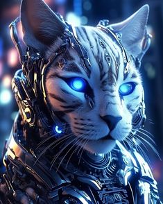 a white cat with blue eyes wearing a metal armor and glowing chain around it's neck