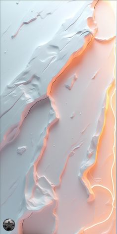 an abstract painting with white and orange paint on it's surface, showing the light coming from behind