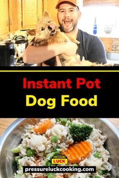 a man holding a small dog in his arms while standing next to a bowl of food