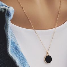 Black Onyx Round Disc Circle - Minimalist delicate Jewelry gift for wife, best friend, daughter - Black and gold elegant dainty necklace Stone: Genuine Black Onyx Pendant: 12mm Diameter Pendant: 3mm thickness Bezel: Vermeil Gold (14k gold over sterling silver) Chain: 14k Gold Filled Chain: 1.3mm Cable Chain Chain: Adjustable from 16 to 18 inches Made in the USA About "Gold Filled Jewelry": Also called rolled-gold. These jewelry items are not actually filled with gold. They are made of a base met Daughter Black, Black Onyx Pendant, Necklace Aesthetic, Gold Circle Necklace, Onyx Pendant, Black Circle, Necklace Stone, Gold Disc, Circle Pendant Necklace