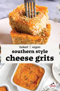 baked vegan southern style cheese grits on a plate with a fork in it