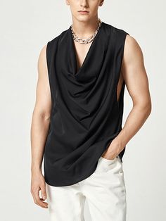 Mens Solid Cowl Neck Sleeveless Tank SKUJ55282 Cowl Neck Shirt Outfit, Sleeveless Turtleneck Outfit Men, Mens Fashion Tank Tops, Mens Tops Fashion, Gender Fluid Fashion, Black Men Fashion Swag, J Black, Mens Formal Wear, Trendy Fashion Tops