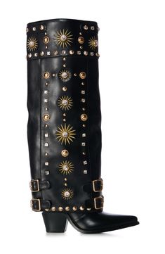 Sparkling crystals and goldtone studs amplify the bold, modern style of this over-the-knee boot. Side zip closure Synthetic upper, lining and sole Imported Asian & Pacific Islander Owned/Founded Gold And Black Boots, Cool Black Boots, Western Chic Fashion Dressy, Speakeasy Fashion, Black Dress With Boots, Heeled Cowgirl Boots, Diy Boots, Embellished Boots, Fold Over Boots