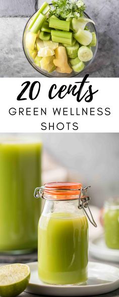 green smoothie with celery and lemons in the background text overlay reads 20 celery shots