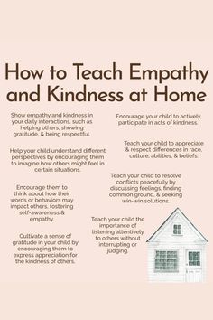 a pink poster with the words how to teach empty and kindness at home