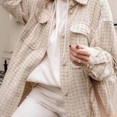 Beige Fashion Lapel Button Plaid Pattern Tweed Top. Jacket For Dress, Tweed Shirt, Oversized Plaid Shirts, Casual Outwear, Chic Shirts, Plaid Shirts, Tweed Coat, Loose Shirts, Moda Vintage