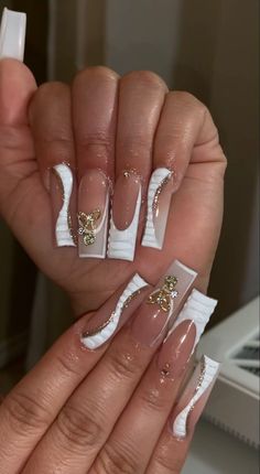 Medium Acrylic Nails With Cross, Clean Boujee Aesthetic, Extra Long Acrylic Nails With Charms, 23 Birthday Nail Ideas, 10xl Nails, Birthday Nails With Rhinestones, French Tip Birthday Nails, Acrylic Nail Inspo 2023, Nails Inspo French Tip