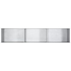 an empty metal shelf with three shelves on each side and one in the middle, against a white background