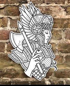 a sticker with an image of a woman holding a spear and wearing a headdress