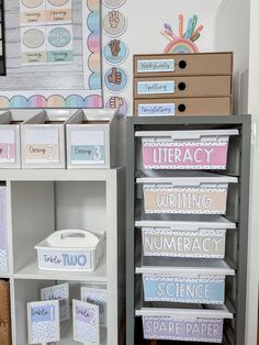 the shelves are filled with different types of cards and boxes for crafting or scrapping