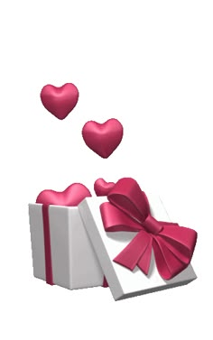 two hearts fly out of a white gift box with pink ribbon and bow on it