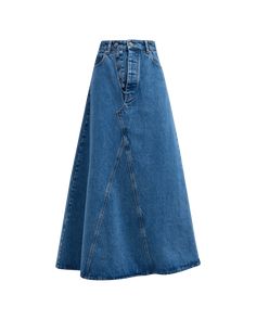 Ganni dyed denim maxi skirt featuring a double button-fly front  Five-pocket style High rise A-line silhouette Hem falls below the knee Organic cotton Machine wash cold Imported Denim Long Skirt Outfit, Blue Skirt Outfits, Denim Long Skirt, Skirt Outfit Fall, Moda Denim, Skirt Outfits Fall