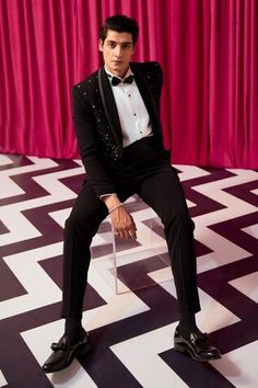 Black tuxedo featuring cutdana embroidery in a geometric pattern. Paired with a pintuck shirt, pant, bow tie, and sash., Fit: Relaxed Embroidered Tuxedo, Pintuck Shirt, Cutdana Embroidery, Shirt Pant, Black Tuxedo, Blazer Shirt, Silver Work, Black Textures, Wedding Receptions