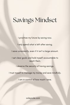 the words savings mindset written in black and white on a beige background with leaves