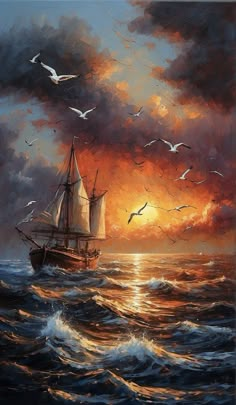 a painting of a sailboat in the ocean with birds flying around it at sunset