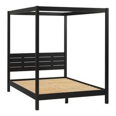 a black bed frame with wooden slats