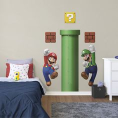 mario and luigi wall decals in a child's bedroom with a large growth chart on the wall