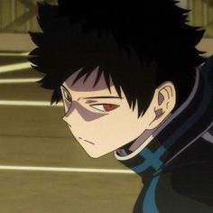 an anime character with black hair and red eyes looking at the camera while standing in a parking lot