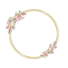 a gold circle frame with pink flowers and greenery on the edges, isolated against a white background