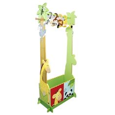 a toy giraffe and other animals are in a wooden stand on a white background