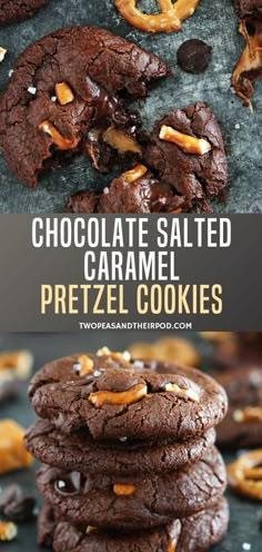 chocolate salted caramel pretzel cookies are stacked on top of each other