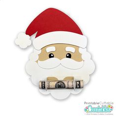 a santa clause with money in his hand and the word christmas written on it's side