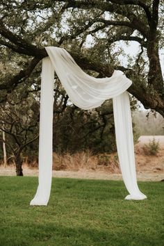 a white drape draped over a lush green field next to a large oak tree