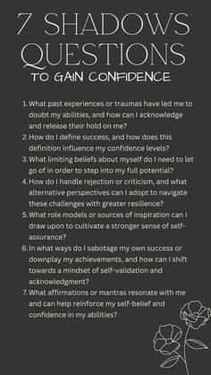 Gain confidence by delving deep into your psyche with shadow questions. 🌟✨ Reflect on past experiences, confront hidden fears, and challenge self-doubt. 🌿 This introspective journey helps you understand and overcome the barriers to self-assurance. 🌼 Embrace the process of self-discovery and let go of limiting beliefs. 💖 Through shadow work, you can build a solid foundation of confidence and inner strength. 🌞 Celebrate your growth and shine with newfound self-assurance! 🌟💫 Shadow Work Questions For Self Discovery, Identity Shadow Work, Deep Self Discovery Questions, How To Change Negative Core Beliefs, Deep Reflection Questions, Self Confidence Questions, Shadow Work Letting Go, 50 Questions To Find Your Best Self, Self Worth Shadow Work Prompts