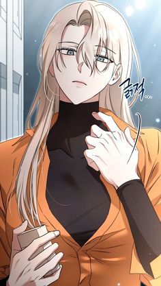 an anime character with long blonde hair and glasses holding a cell phone in her hand