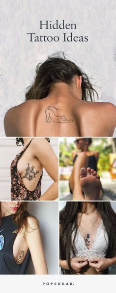 the back of a woman's neck with tattoos on her chest and behind her