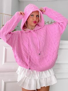 The Knotty or Nice Hoodie Sweater from Sassy Shortcake is an oversized, comfy, lilac pink pullover. She features, pockets, and a hoodie with drawstring making it extra cozy! Model is wearing a size small. fit: runs true to size (model wearing a size small) content: 100% acrylic. care: hand wash cold. Pink Winter Hoodie Sweater, Pink Hooded Casual Sweater, Casual Pink Hooded Sweater, Winter Hoodie With Drawstring In Pink, Cozy Pink Hoodie With Drawstring Hood, Pink Long Sleeve Sweatshirt With Drawstring, Pink Drawstring Sweatshirt For Winter, Casual Pink Sweater With Drawstring Hood, Casual Pink Hoodie Sweater