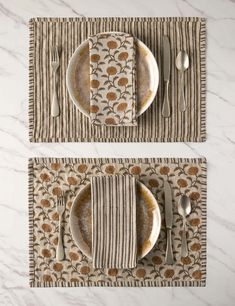 two placemats with forks and spoons on them