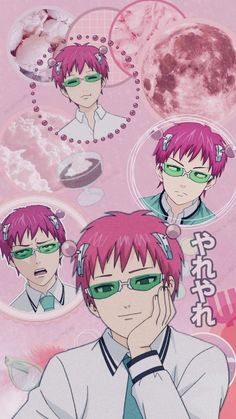 some anime characters with pink hair and green glasses