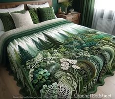 a bed with green and white bedspread in a bedroom