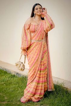 Multi Color Vintage Striped Print Pre-draped Saree Set with Puff Sleeve Blouse Striped Mirror, Multi Color Saree, Paulmi And Harsh, Saree Tassels, Smocked Blouse, Resham Work, Beads Work