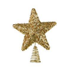 a gold star ornament hanging from a string on a white background with the shape of a christmas tree