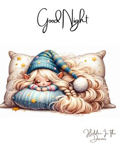 a painting of a sleeping girl with long blonde hair and a blue hat on her head