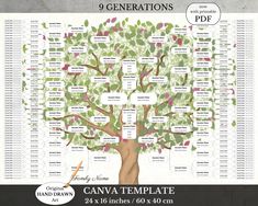 a family tree with the names and numbers on it, labeled in different languages for generations