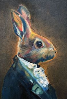 a painting of a rabbit dressed in a suit and tie with his head turned to the side