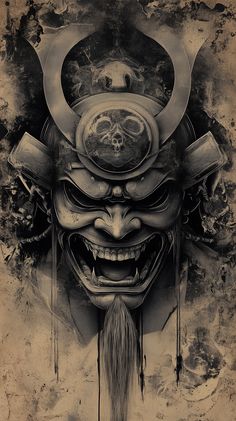 a drawing of a demon with long hair and horns on it's head, in black and white