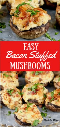 bacon stuffed mushrooms on a baking sheet with the title text overlay reads easy bacon stuffed mushrooms