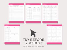 the printable planner is shown in pink and white, with an arrow pointing to it