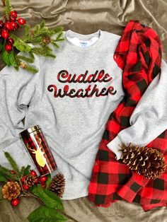 Cuddle Weather Custome Ideas, Cricut Clothing, Christmas Sweatshirt Ideas, Cursive Design, Brother Printer, Cuddle Weather, Womens Fasion, Heather Grey Sweatshirt, Cricut Shirts