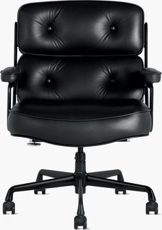 an office chair with black leather upholstered back and arms, viewed from the front