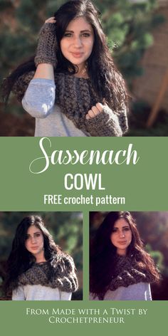 a woman wearing a cowl scarf with two pictures of her face and the text, free crochet pattern from made with a twist