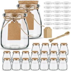 a set of six glass jars with wooden tags and twine