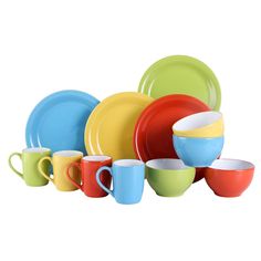 a stack of colorful dishes and cups