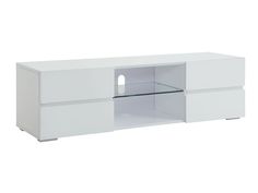 a white entertainment center with glass doors and drawers on the bottom, in front of a white background