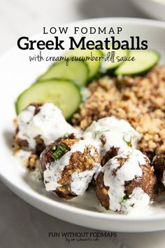 Low FODMAP Greek Meatballs with Creamy Cucumber Dill Sauce Fun Without FODMAPs Low Fodmap Lamb Recipes, Low Fodmap Frozen Meals, Low Fodmap Mediterranean Diet, Low Fodmap Keto Recipes, Low For Map Recipes, Easy Low Fodmap Lunch Ideas, Chicken Fodmap Recipes, Low Fodmap Gnocchi Recipes, Low Fodmap Beef Recipes